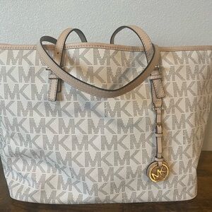Michael Kors White & Tan Monogram Tote